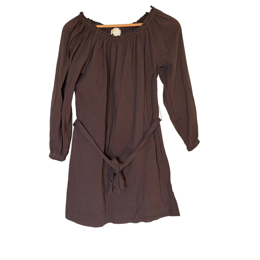 Michael Kors Dress Womens Medium Brown‎ Cotton Gauze Off Shoulder Belted Peasant